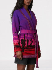 Purple Desert Landscape Belted Knit Cardigan
