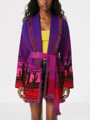 Purple Desert Landscape Belted Knit Cardigan
