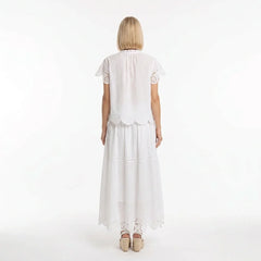 White Broderie Cotton Short-Sleeve Top and Skirt Set
