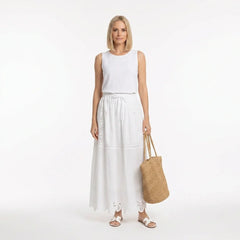 White Broderie Cotton Short-Sleeve Top and Skirt Set