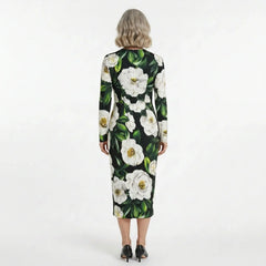 Italian Luxury Designer White Roses print long sleeve 100% silk dress