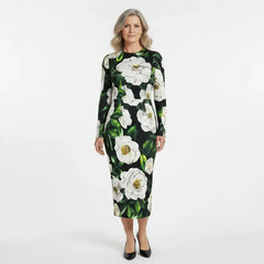 Italian Luxury Designer White Roses print long sleeve 100% silk dress