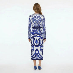 Blue Majolica Porcelain print long sleeve silk midi dress