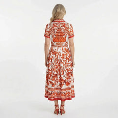 Orange Majolica Silk Midi Dress with Detachable Belt and Pockets