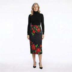 Red Roses Silk Midi Skirt