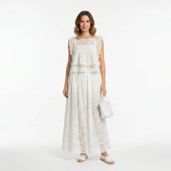 White Broderie Cotton Sleeveless Top and Skirt Set