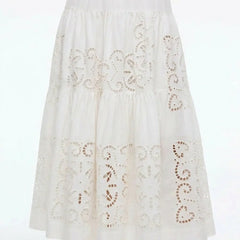 White Broderie Cotton Midi Skirt with Elastic Waist