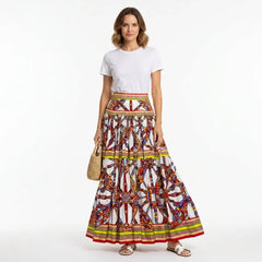 Sicilian Carretto Print White Maxi Cotton Skirt