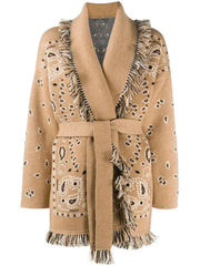 Wool Fringed Bandana Print Cardigan, Camel