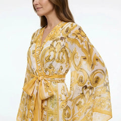 Yellow Majolica maxi chiffon dress with flared sleeves