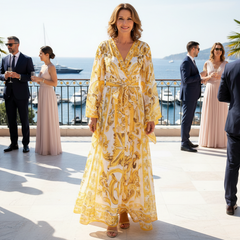 Yellow Majolica maxi chiffon dress with flared sleeves