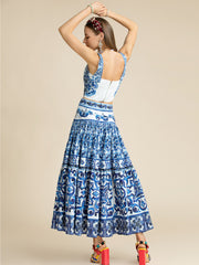 "Majolica-print" Women Cotton Top and Skirt Suitset