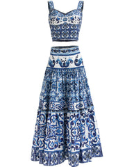 "Majolica-print" Women Cotton Top and Skirt Suitset