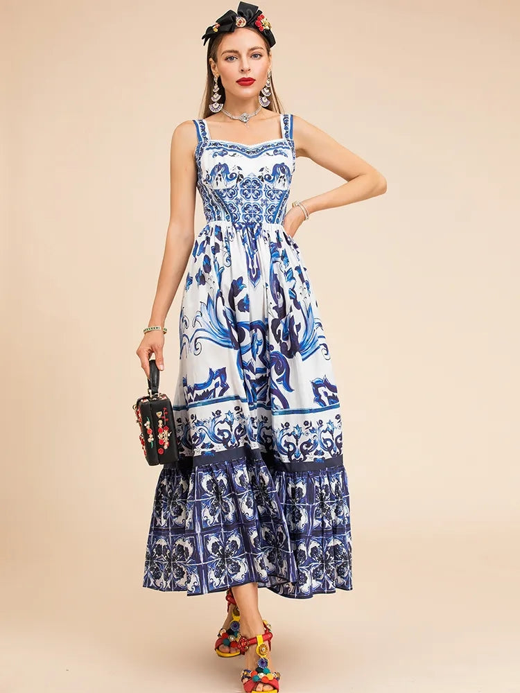 Summer Women Majolica-print Spaghetti Strap CottonMidi Dress