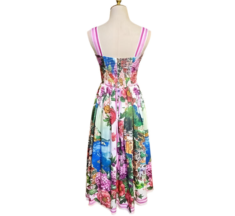 OUTLET: Luxury Italian designer Positano print push up 100% cotton dress, SIZE S