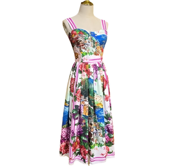 OUTLET: Luxury Italian designer Positano print push up 100% cotton dress, SIZE S