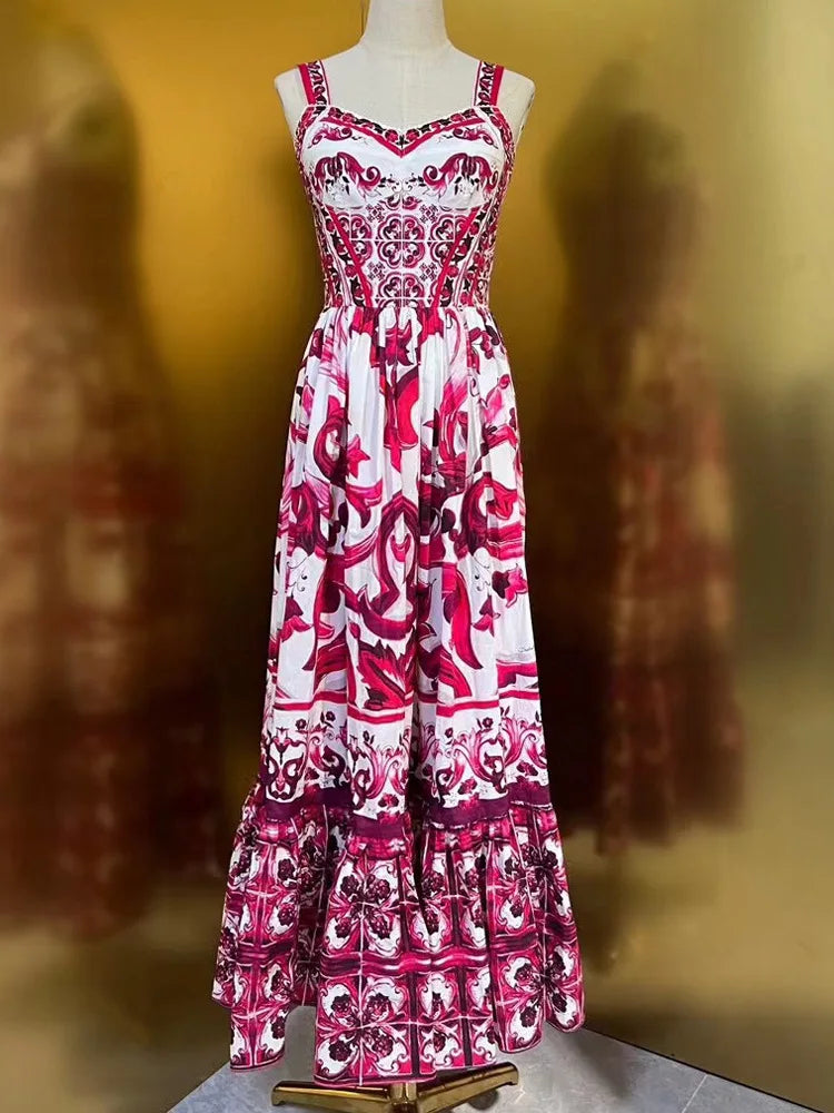 Women Cotton Midi Dress Spaghetti Strap Printing High Waist Big Swing Dresses