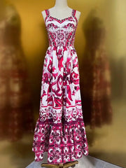 Women Cotton Midi Dress Spaghetti Strap Printing High Waist Big Swing Dresses
