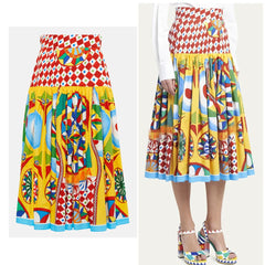 Italy Stylish Women 100% Cotton Print Midi Skirt Multicolour Summer Spring New Fashion Design