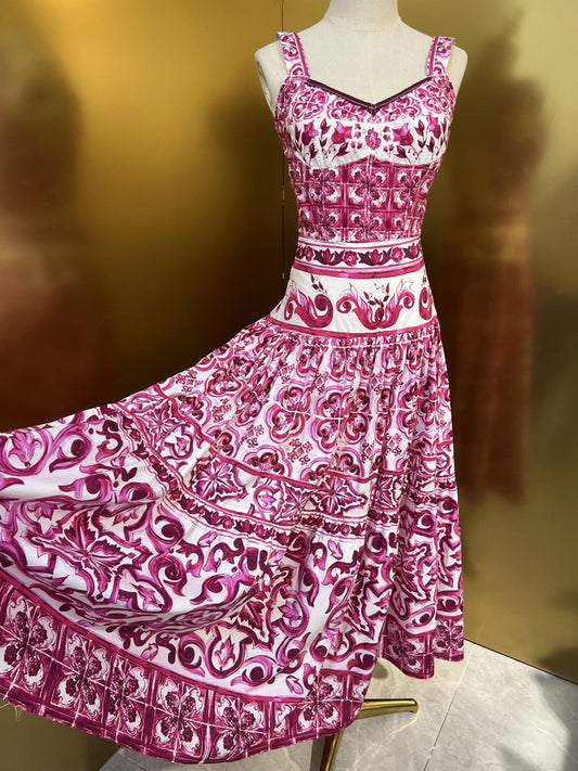 Designer Fashionista Women Summer Cotton Printed A-Line Maxi Skirt And Top Set 2023