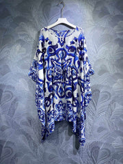Luxury Designer Women Summer Print Silk Short Kaftan Dress 2023 Runway Fashion