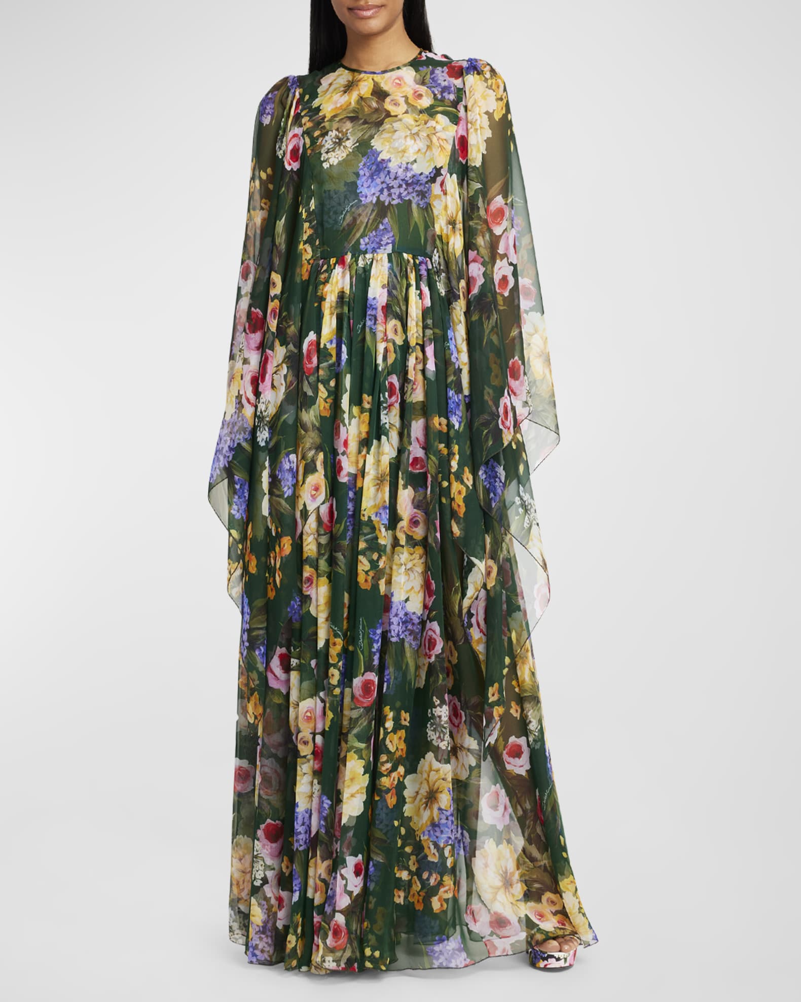 Women Flora Print Long Cape Sleeve Fit-&-Flare Chiffon Silk Gown Maxi Evening Dress