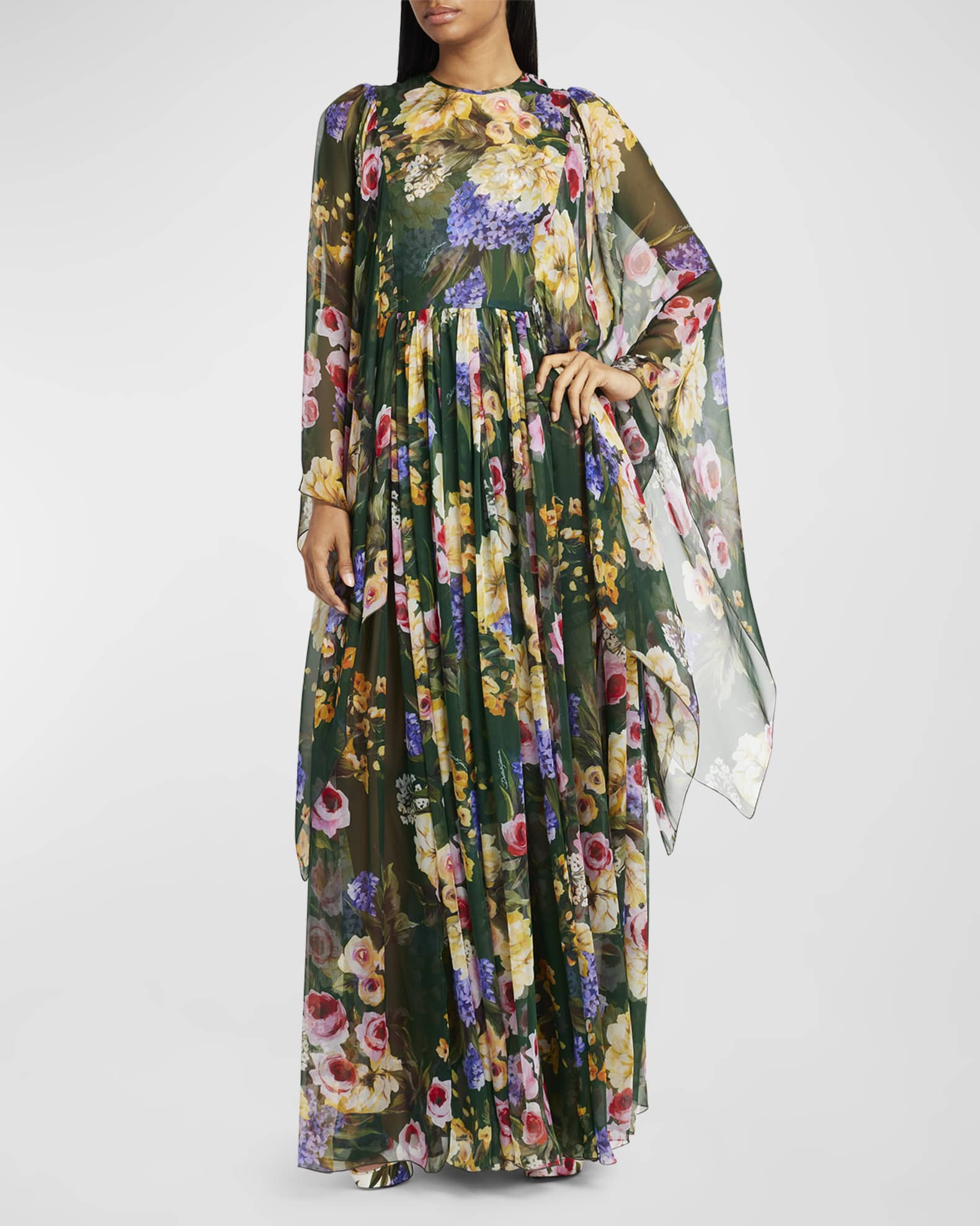 Women Flora Print Long Cape Sleeve Fit-&-Flare Chiffon Silk Gown Maxi Evening Dress