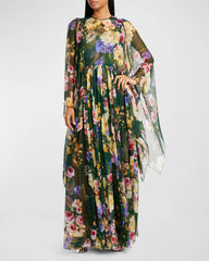 Women Flora Print Long Cape Sleeve Fit-&-Flare Chiffon Silk Gown Maxi Evening Dress