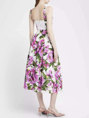 Pink Peony Print Floral Print Cotton Bustier Top And Pleated Skirt Set