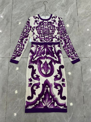Luxury Silk Midi Dress for Women – Purple Porcelain Print | 100% Silk A-Line Summer Dress