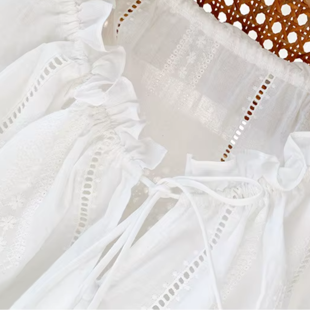 White Broderie Cotton Blouse and Skirt Set