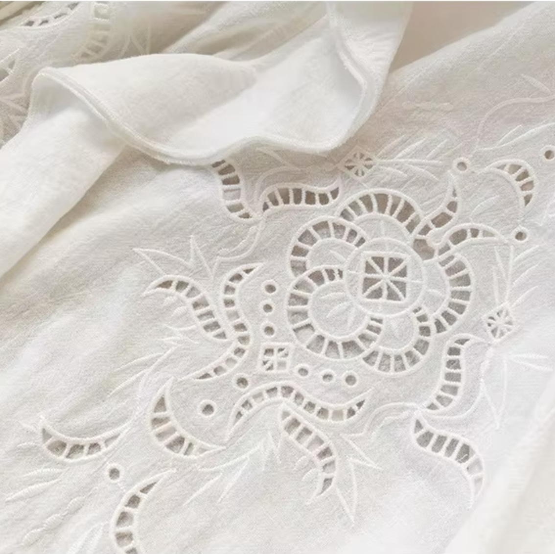 White Broderie Cotton Linen Blouse and Skirt Set