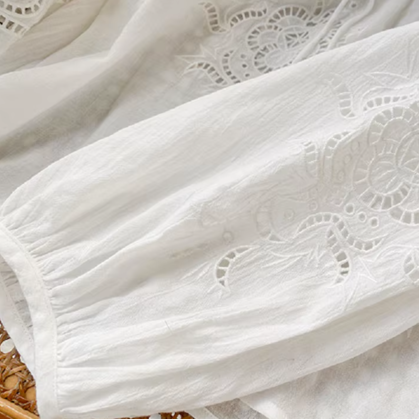 White Broderie Cotton Linen Blouse and Skirt Set