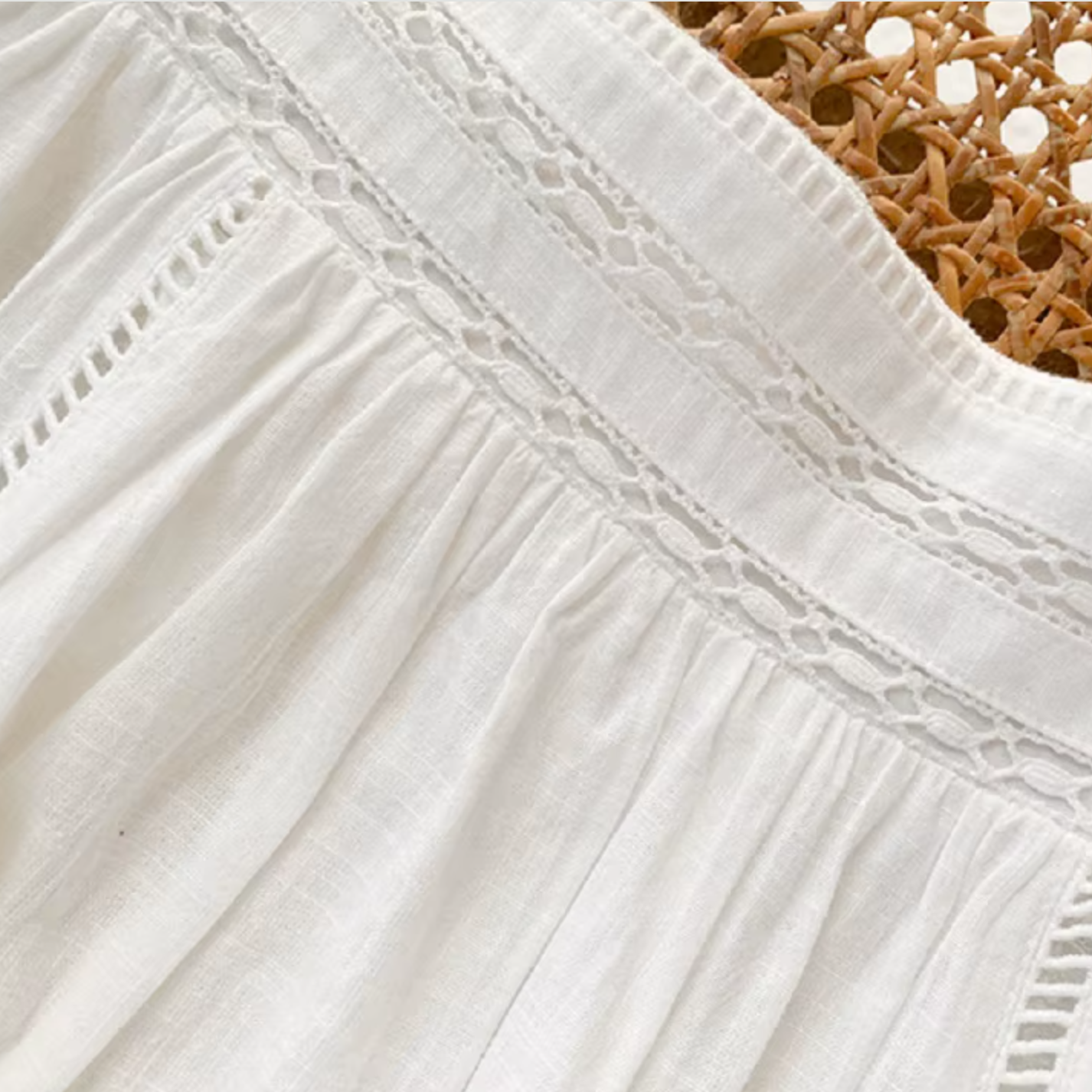 White Broderie Cotton Linen Blouse and Skirt Set