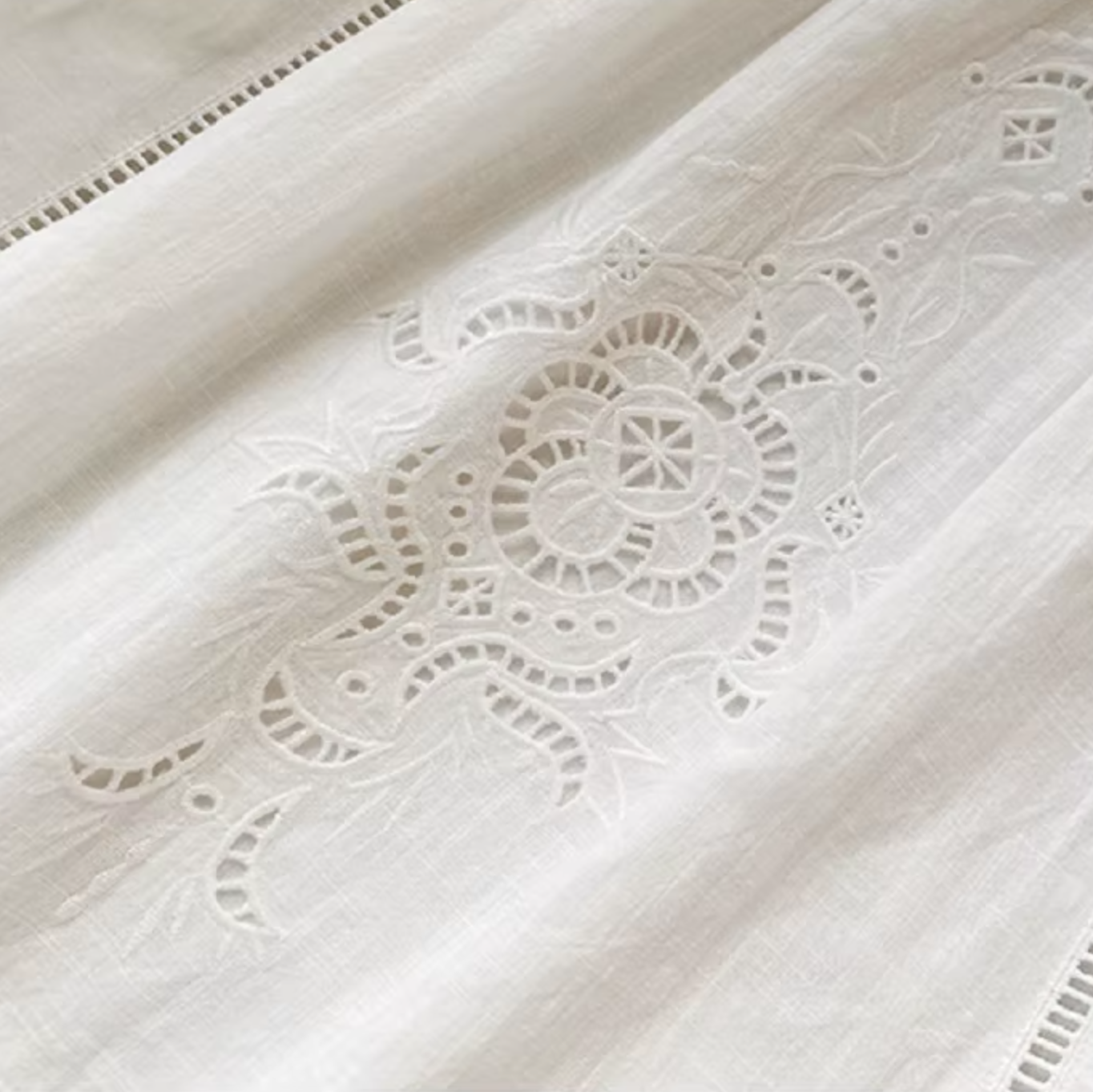 White Broderie Cotton Linen Blouse and Skirt Set