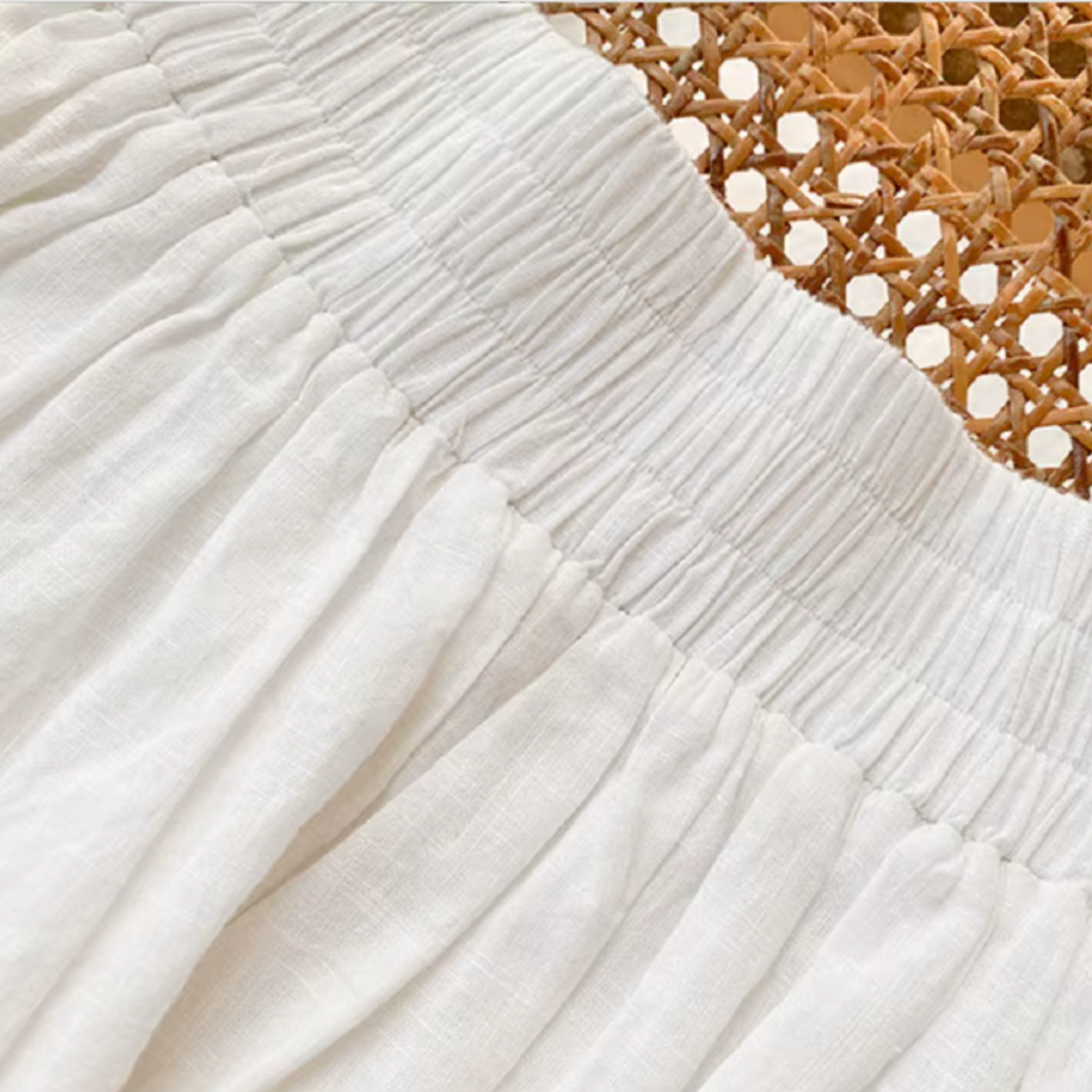 White Broderie Cotton Linen Blouse and Skirt Set