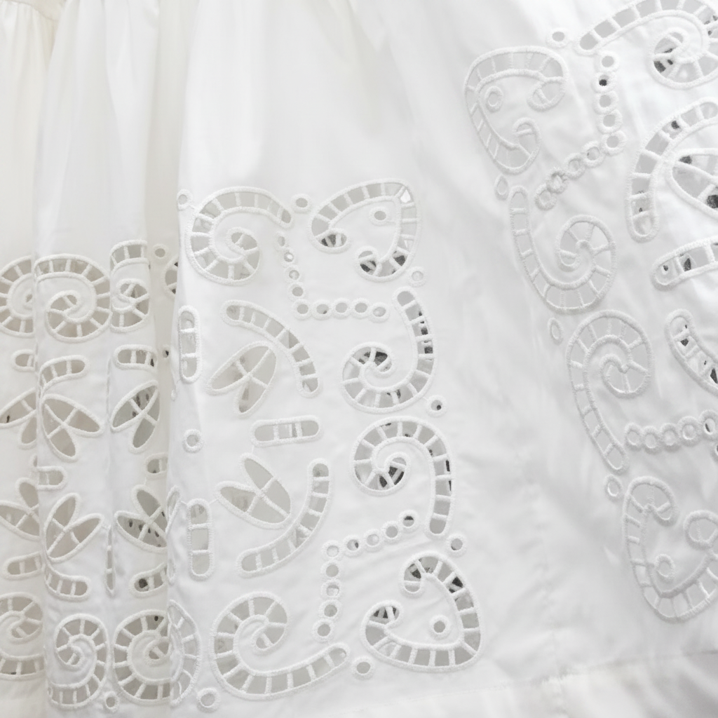 White Broderie Cotton Midi Skirt with Elastic Waist