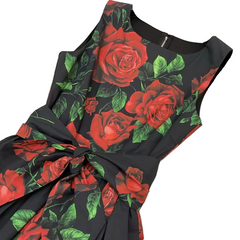 Red Roses Cotton Midi Dress with Bow Belt