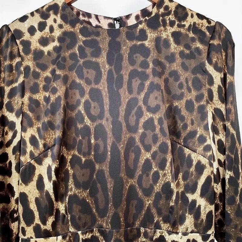OUTLET Italian Luxury Pure Silk Leo print  long sleeve midi dress, SIZE M / EU36 / US6