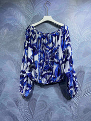 HIGH QUALITY Luxury Women's Silk Off-Shoulder Blue&White Porcelain Print Loose Blouse