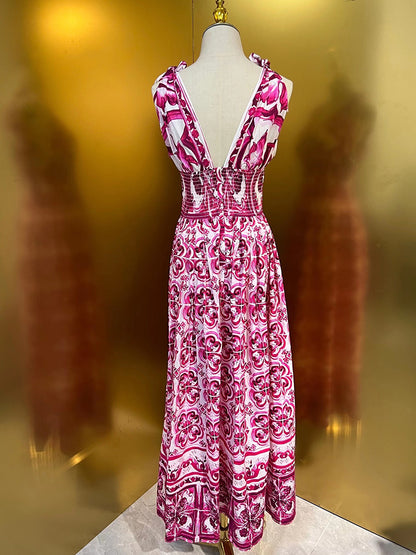 Fashion Designer Spring Summer Cotton Dress Women V-Neck Sleeveless Bow Flowers Print Vintage Elastic Waist Dresses