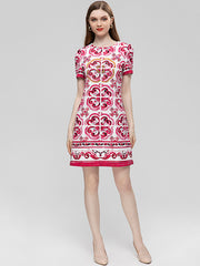 Summer Fashion Runway Vintage Loose Dress Women's O-Neck Short Sleeve Beading Diamond Print Buttock Covering Mini Dress
