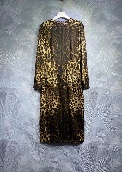HIGH QUALITY Designer Women Leopard Print Silk Midi Dress With Long Sleeve