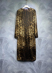 HIGH QUALITY Designer Women Leopard Print Silk Midi Dress With Long Sleeve