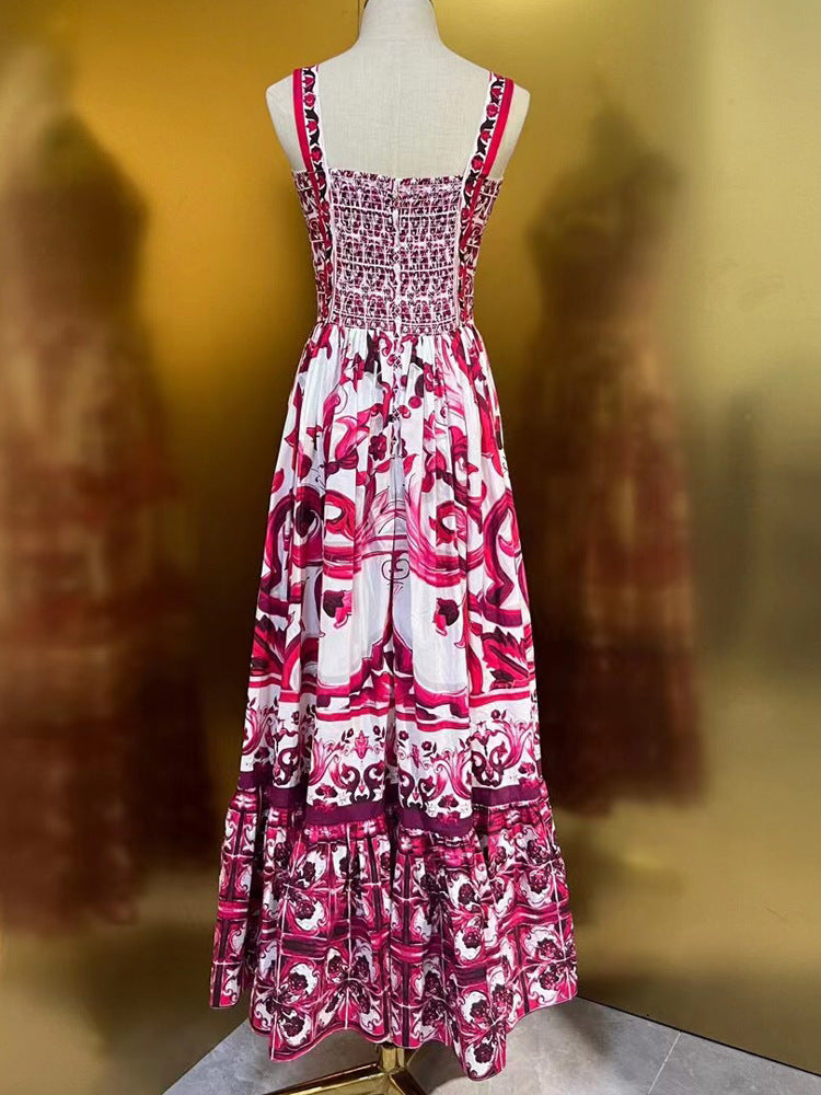 Fashion Designer Summer Cotton Dress Women Spaghetti Strap Sleeveless Flowers Print Vintage Party Backless Long Dress