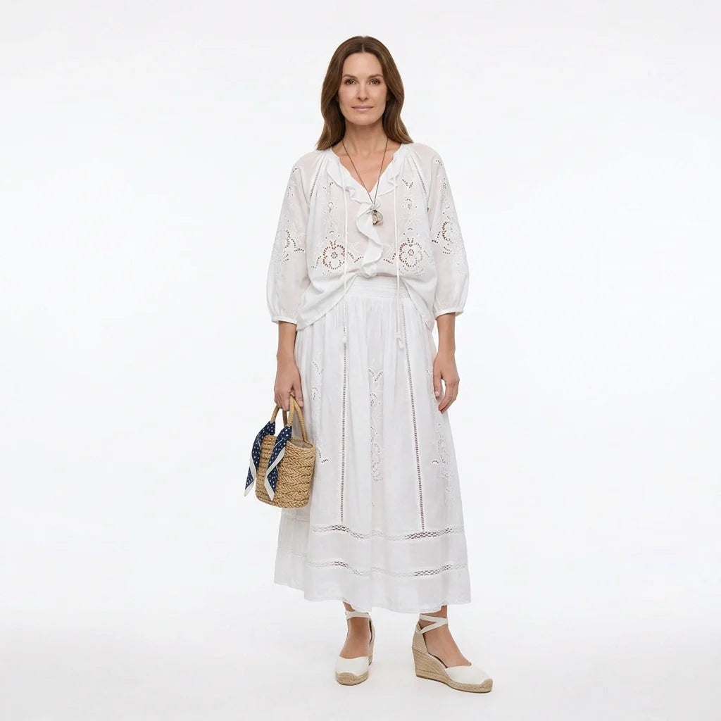 White Broderie Cotton Linen Blouse and Skirt Set