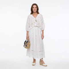 White Broderie Cotton Linen Blouse and Skirt Set