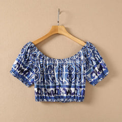 HIGH QUALITY Luxury Fashion Women Blue&White Porcelain Print Off Shoulder Top and Maxi Skirt Summer Set For Female