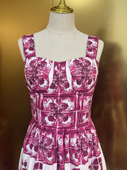 Fashion Designer Summer 100% Cotton Dress Women Spaghetti Strap Sleeveless Flowers Print Elegant Party Backless Dress