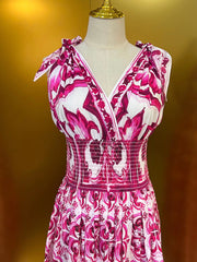 Fashion Designer Spring Summer Cotton Dress Women V-Neck Sleeveless Bow Flowers Print Vintage Elastic Waist Dresses